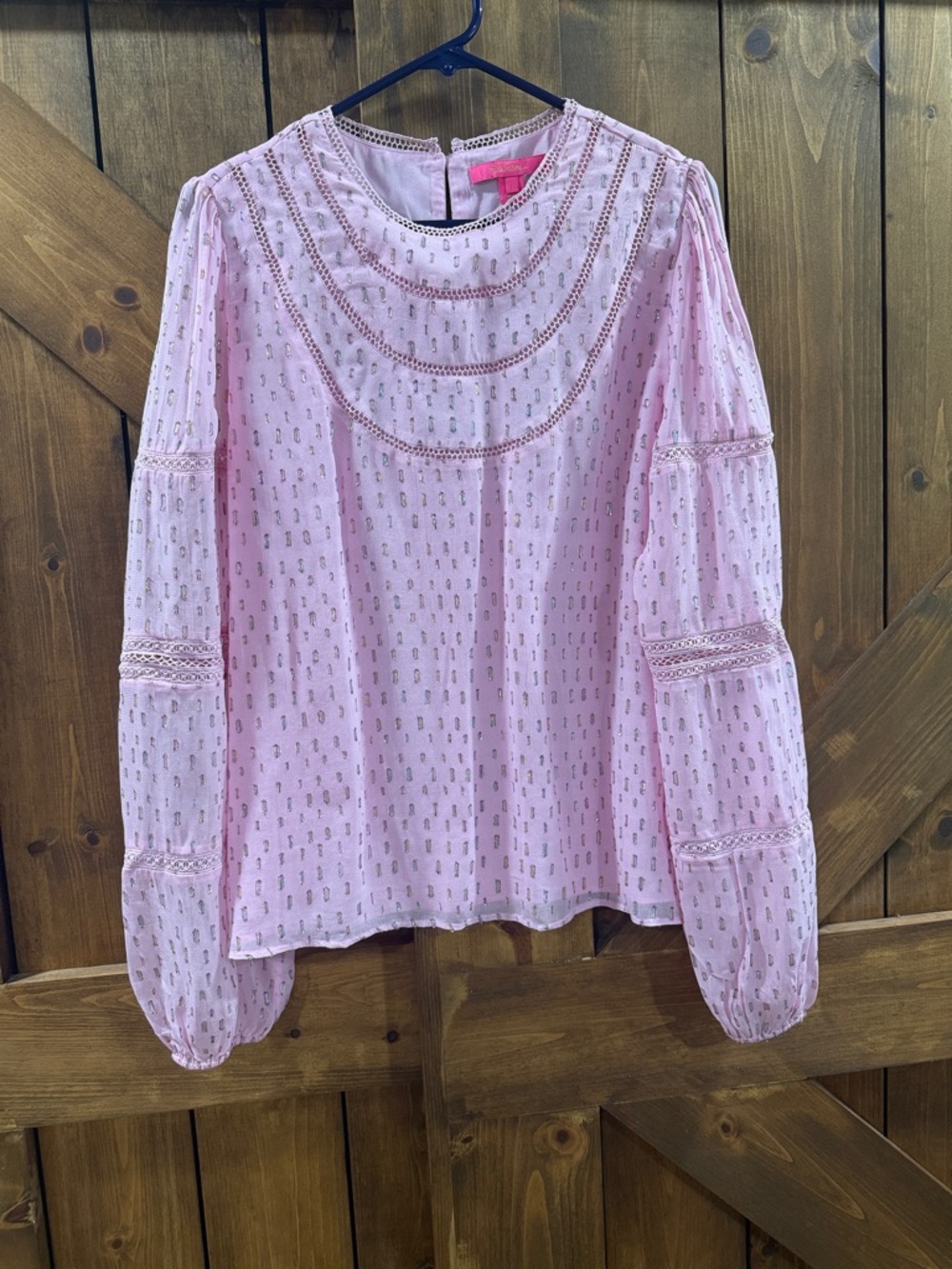 Pink Lace-Trim Long Sleeve Blouse